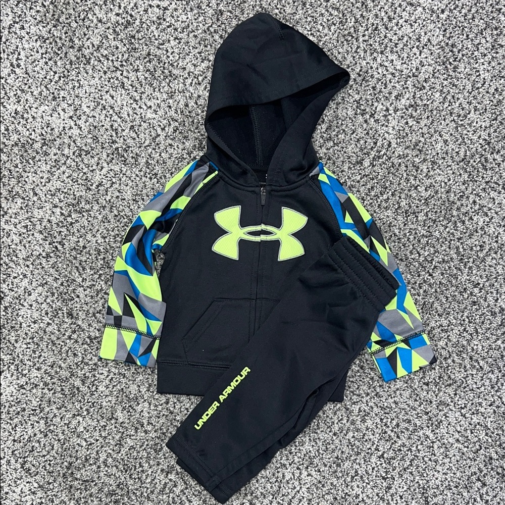 Under Armour Black Hoodie Set with Neon and Blue Accents 12M
